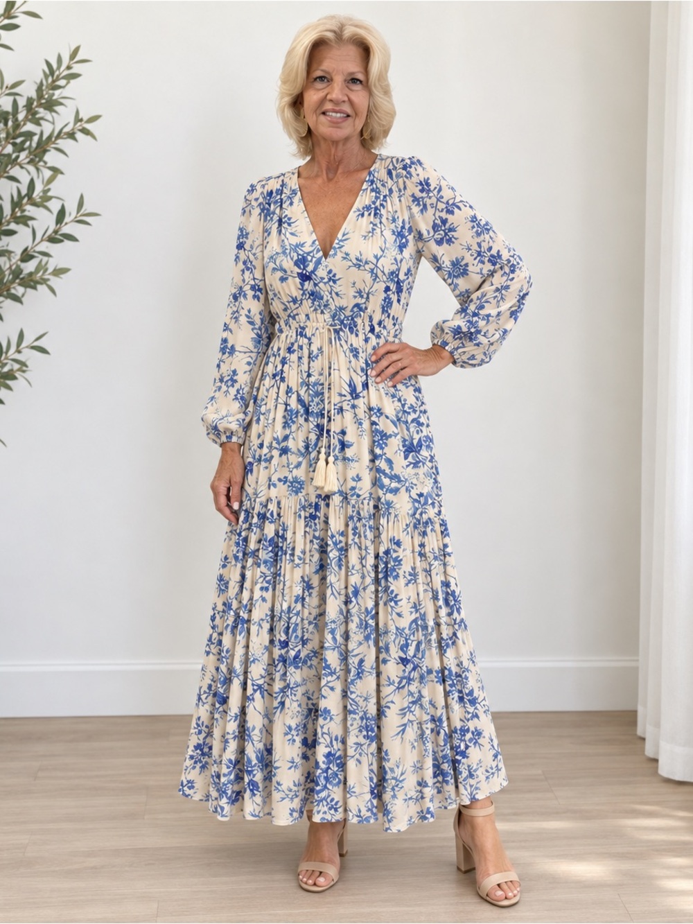 Few Moda Blue & Cream Floral Maxi Dress Long Sleeve V-Neck XS Boho Cottagecore